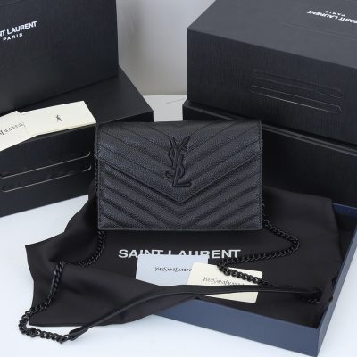 YSL Envelope Chain Wallet - Grain De Poudre Leather 1888 Replica