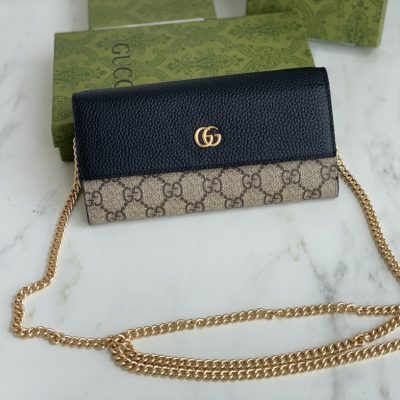 Replica Gucci Marmont Chain Wallet Beige & Black
