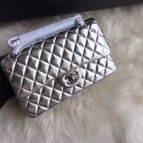 Chanel 1112 Silver Medium 2.55 Lambskin Leather Replica Flap Bag - Image 3