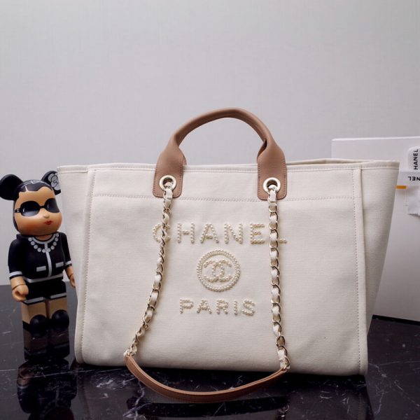 Replica Chanel Deauville Canvas Tote Bag with Pearl Accents - Image 4