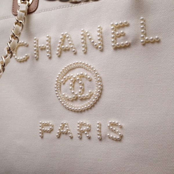 Replica Chanel Deauville Canvas Tote Bag with Pearl Accents - Image 6