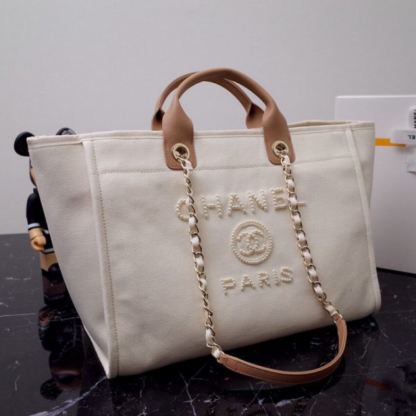 Replica Chanel Deauville Canvas Tote Bag with Pearl Accents - Image 7