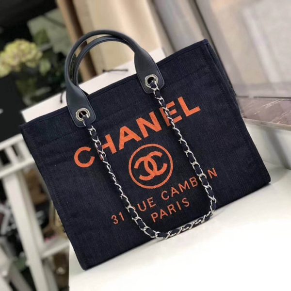 Replica Chanel Deauville Tote 38cm Denim Blue/Orange Canvas Bag - Image 2