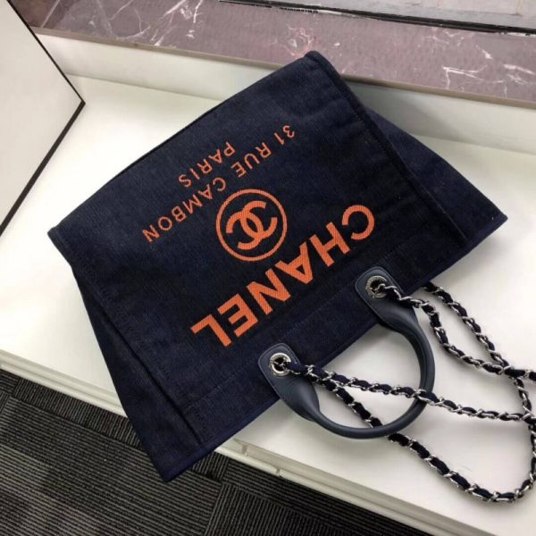 Replica Chanel Deauville Tote 38cm Denim Blue/Orange Canvas Bag - Image 4