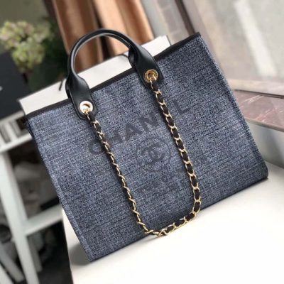 Replica Chanel Deauville Tote 38cm Canvas Bag - Grey Blue