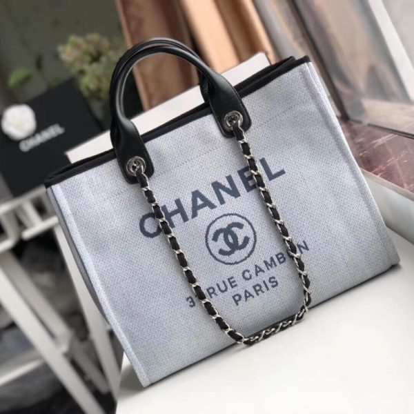 Chanel Deauville Tote Replica 38cm Light Grey/Black Canvas Bag