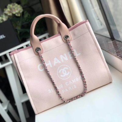 Replica Chanel Deauville Tote 38cm Pink/White Canvas Bag A66941