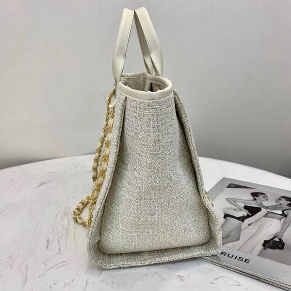 Chanel Deauville Tote 38Cm Canvas Bag in White & Gold - Image 3