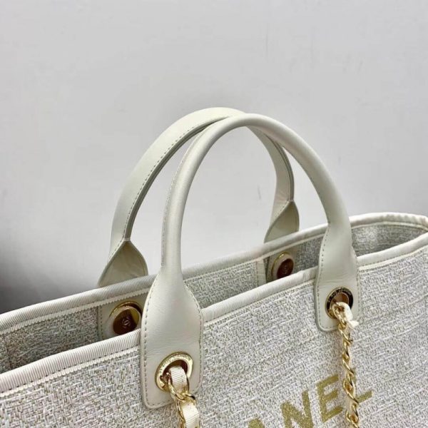 Chanel Deauville Tote 38Cm Canvas Bag in White & Gold - Image 4