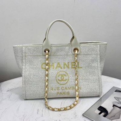 Chanel Deauville Tote 38Cm Canvas Bag in White & Gold