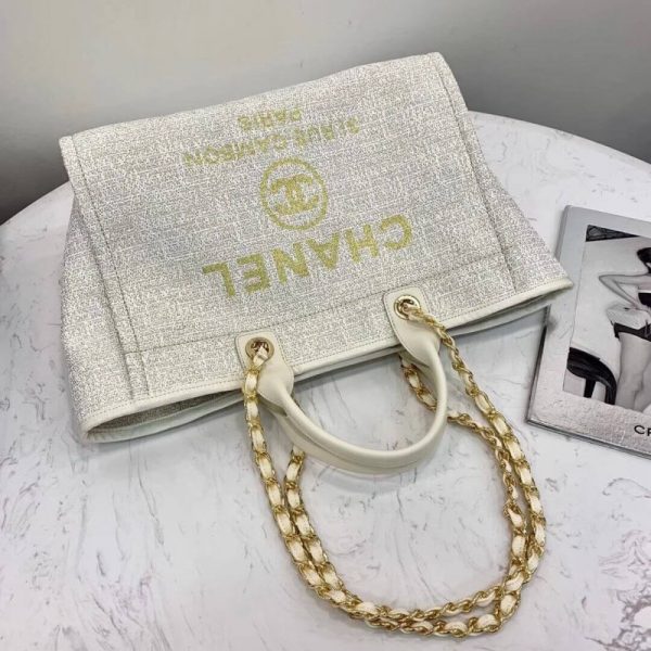 Chanel Deauville Tote 38Cm Canvas Bag in White & Gold - Image 7
