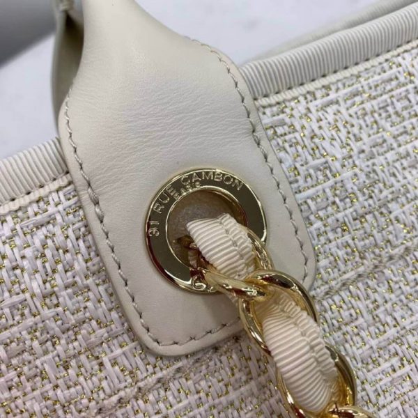 Chanel Deauville Tote 38Cm Canvas Bag in White & Gold - Image 8