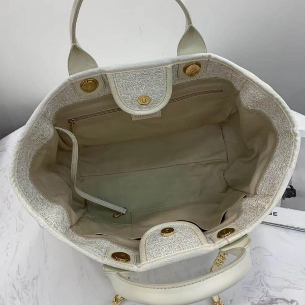 Chanel Deauville Tote 38Cm Canvas Bag in White & Gold - Image 9