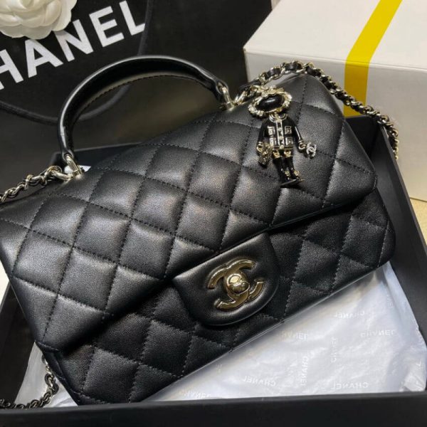 Chanel Replica Mini Flap Bag w/ Charms - Black Lambskin Top Handle - Image 3