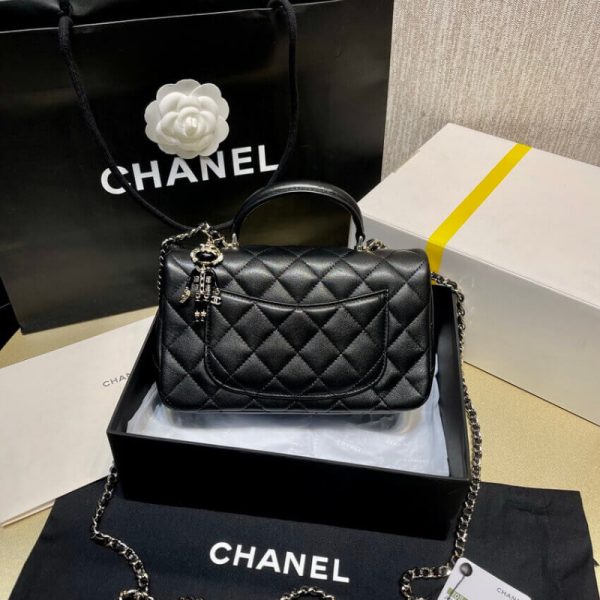Chanel Replica Mini Flap Bag w/ Charms - Black Lambskin Top Handle - Image 4
