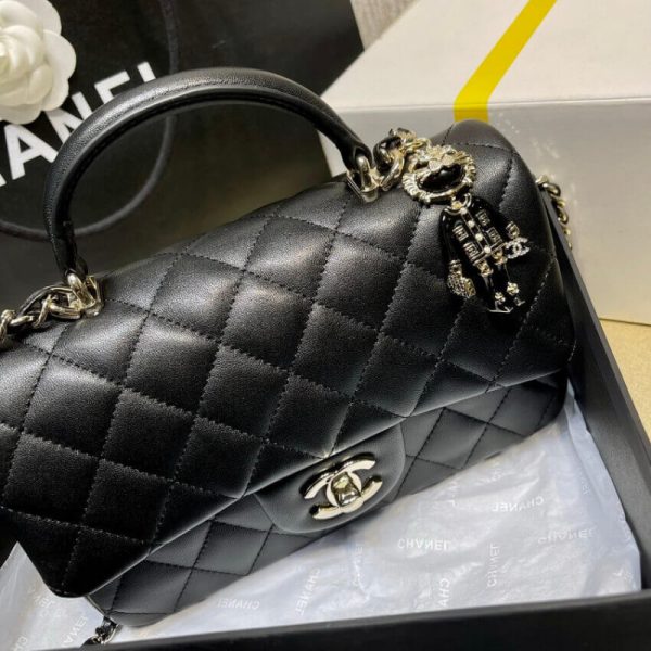 Chanel Replica Mini Flap Bag w/ Charms - Black Lambskin Top Handle - Image 5