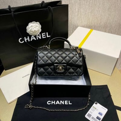 Chanel Replica Mini Flap Bag w/ Charms - Black Lambskin Top Handle