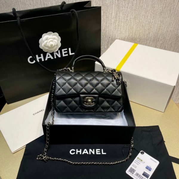 Chanel Replica Mini Flap Bag w/ Charms - Black Lambskin Top Handle