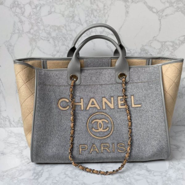 Replica Chanel Grey Wool Felt Deauville Shopping Bag A60598 - Image 2
