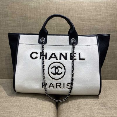 Chanel Replica Deauville Wool Felt Shopping Bag White/Black