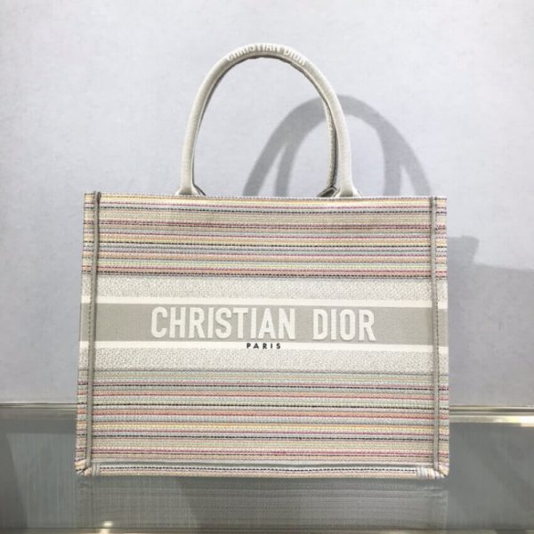 Dior Replica Small Book Tote - Multicolor Striped Embroidered Design - Image 4
