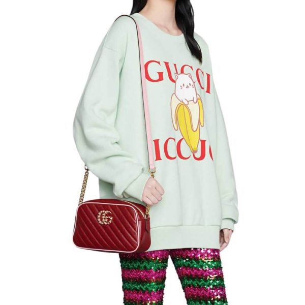 Red & Emerald Leather Replica Gucci GG Marmont Shoulder Bag - Image 2