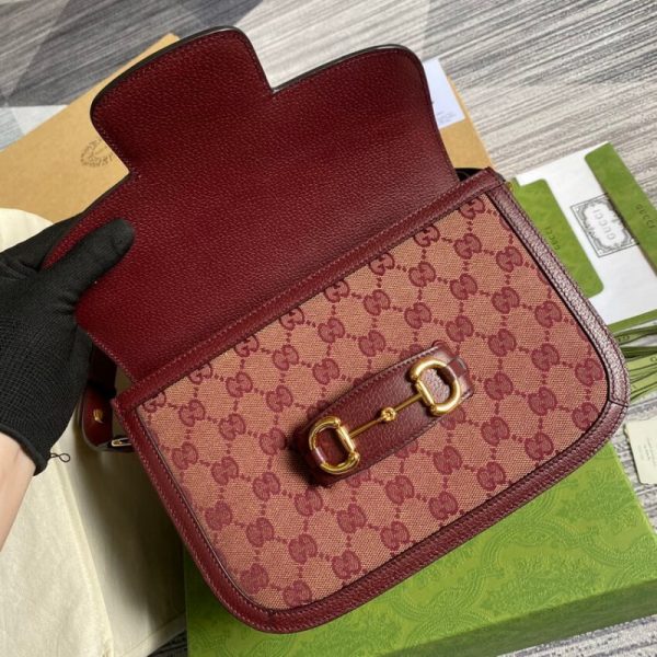 Replica Gucci Horsebit 1955 Small Burgundy GG Canvas Bag - Image 11