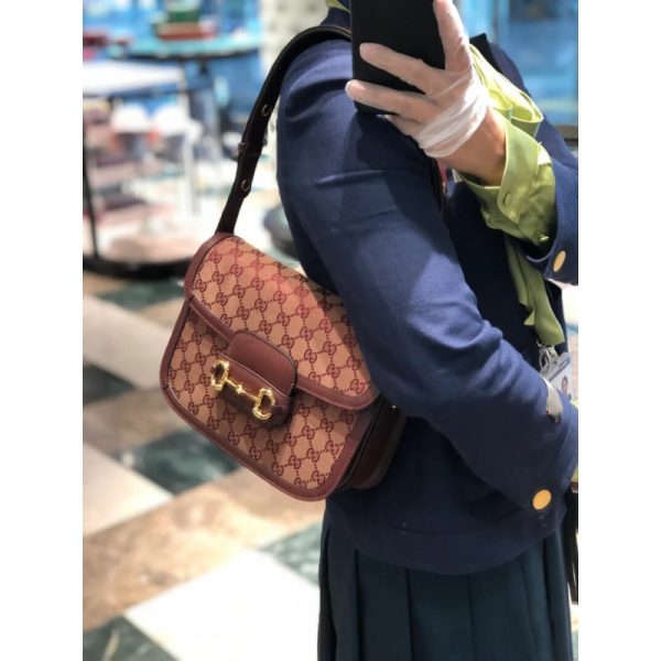 Replica Gucci Horsebit 1955 Small Burgundy GG Canvas Bag - Image 4