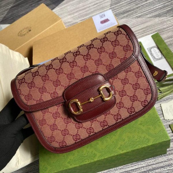 Replica Gucci Horsebit 1955 Small Burgundy GG Canvas Bag - Image 5