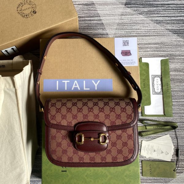Replica Gucci Horsebit 1955 Small Burgundy GG Canvas Bag - Image 6