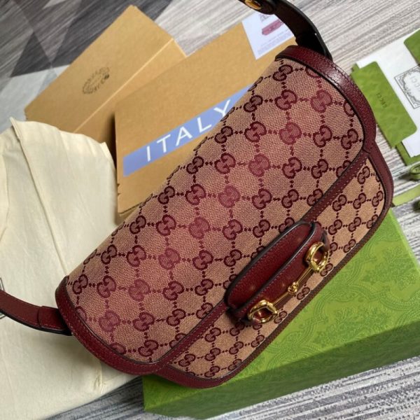Replica Gucci Horsebit 1955 Small Burgundy GG Canvas Bag - Image 8
