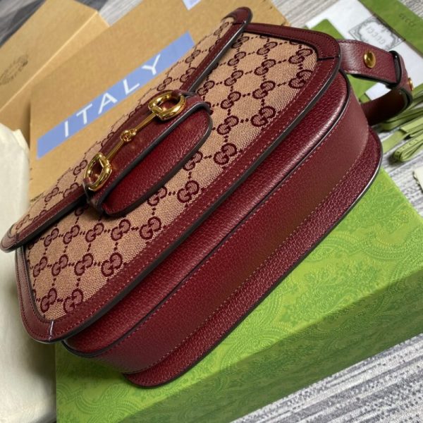 Replica Gucci Horsebit 1955 Small Burgundy GG Canvas Bag - Image 9