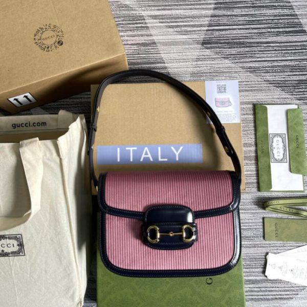 Replica Gucci Horsebit 1955 Small Pink Corduroy Bag - Image 5