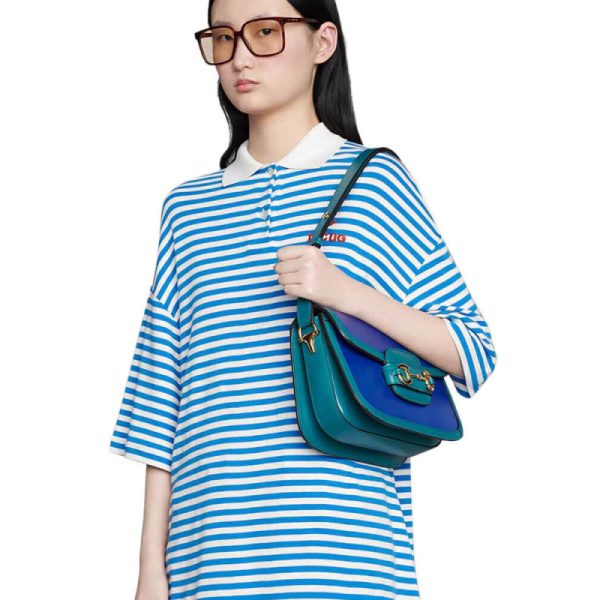 Gucci Horsebit 1955 Small Shoulder Bag in Blue & Green Leather - Image 2