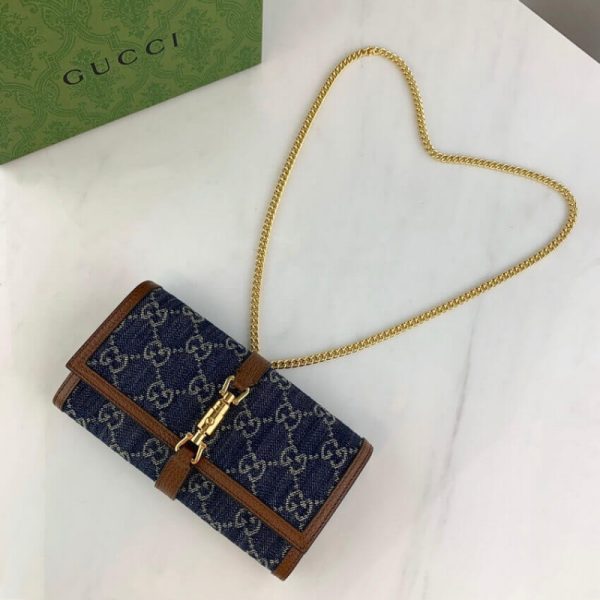 Blue Denim Replica Gucci Jackie 1961 Chain Wallet 652681 - Image 7