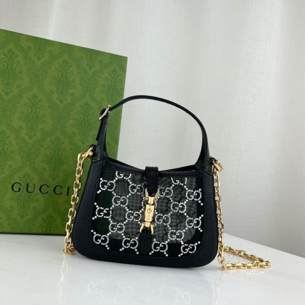 Replica Gucci Jackie 1961 Mini Black Lizard Bag with GG Crystals - Image 4