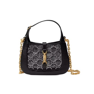Replica Gucci Jackie 1961 Mini Black Lizard Bag with GG Crystals