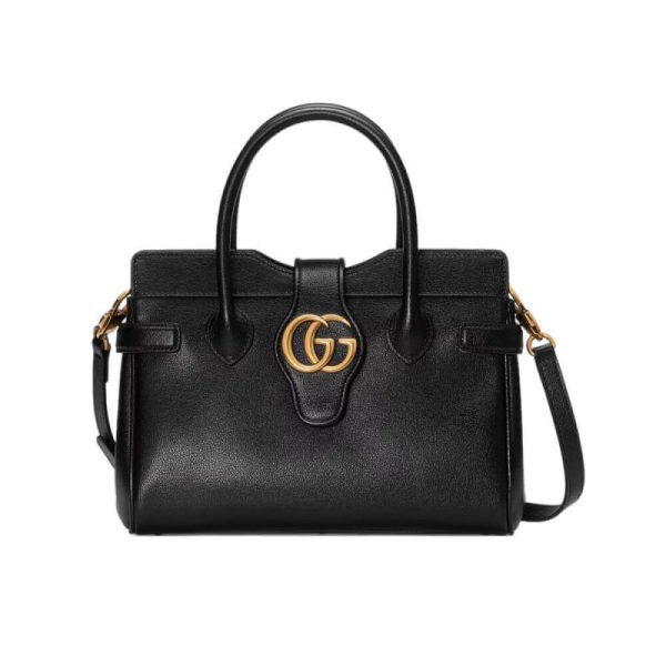 Black Leather Gucci Replica Top Handle Bag with Double G Logo