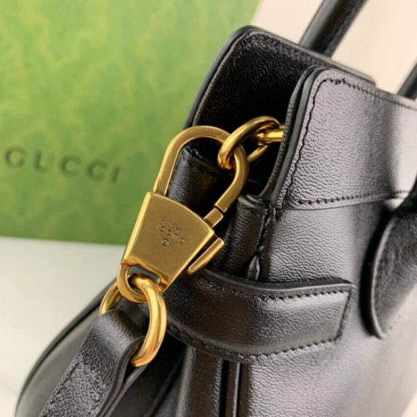 Black Leather Gucci Replica Top Handle Bag with Double G Logo - Image 9