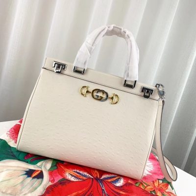 Replica Gucci Zumi Ostrich Leather Medium Handle Bag - White