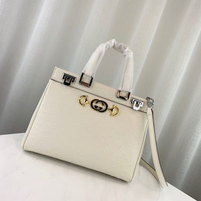 Gucci Zumi Replica White Ostrich Leather Top Handle Bag