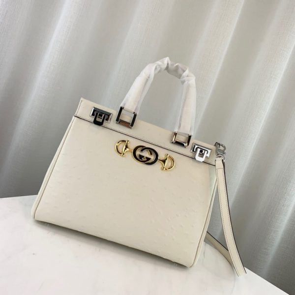 Gucci Zumi Replica White Ostrich Leather Top Handle Bag