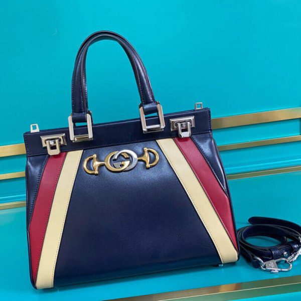 Replica Gucci Zumi Leather Top Handle Bag with Stripes - Image 2