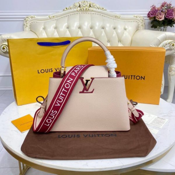 Replica LV Capucines MM Eggshell & Lie De Vin Red Bag - Image 3