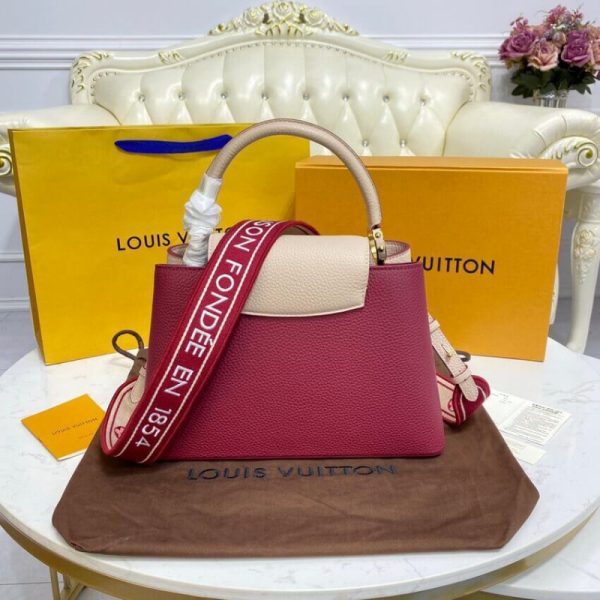 Replica LV Capucines MM Eggshell & Lie De Vin Red Bag - Image 5