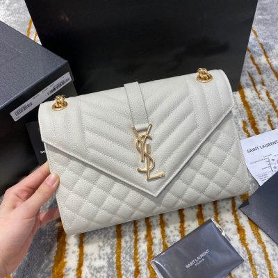 Saint Laurent White Grain Leather Envelope Medium Bag