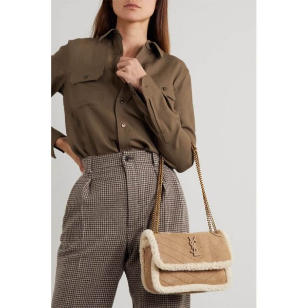 YSL Niki Mini Shearling-Trimmed Nubuck Shoulder Bag