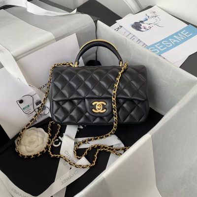 Black Replica Chanel Lambskin Mini Flap Bag w/ Top Handle AS2431