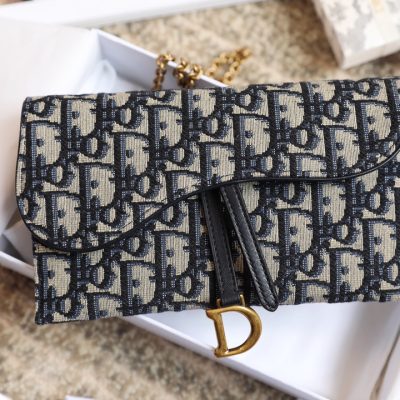 Dior Saddle Wallet with Chain - Blue Oblique Jacquard
