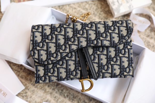 Dior Saddle Wallet with Chain - Blue Oblique Jacquard